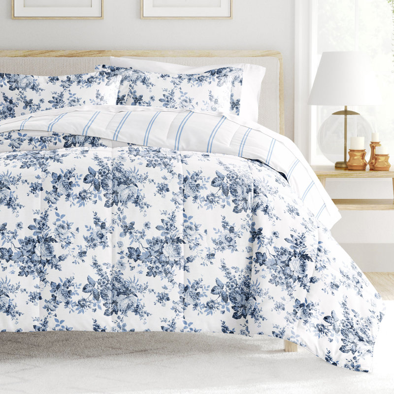 Blue Floral Reversible Down Alternative Comforter Set, Full