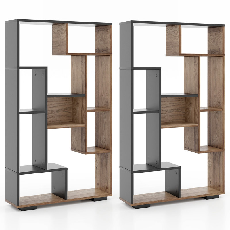 47'' H X 27.5'' W  Geometric Bookshelf 47-Inch Bookcase w/ Multiple Open Shelves Anti-Tipping Devices, Black/Brown