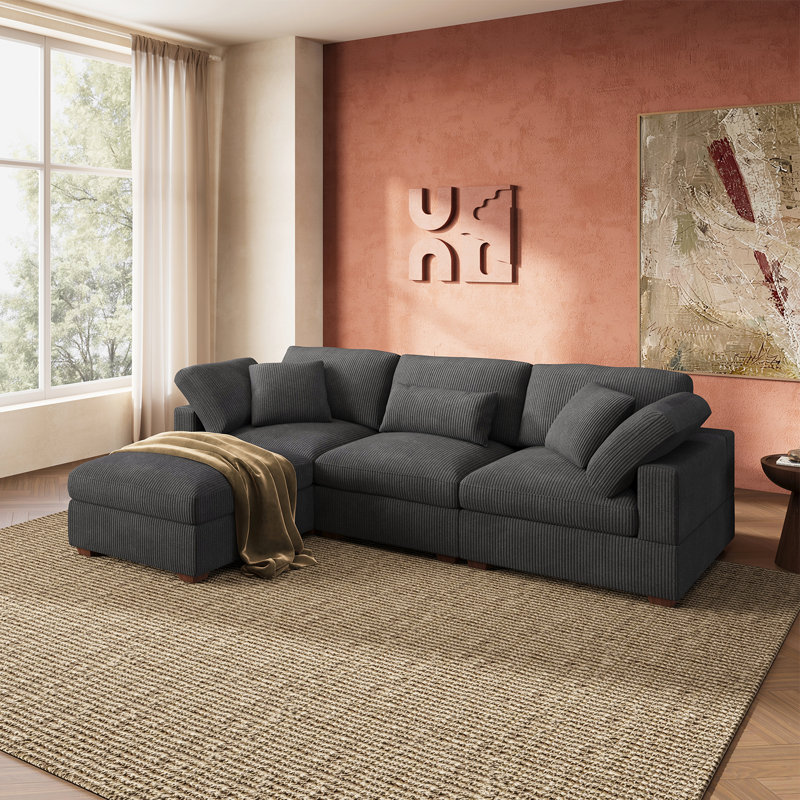 Canapé modulaire en forme de L avec repose-pieds Bouley Gris, Velours côtelé gris