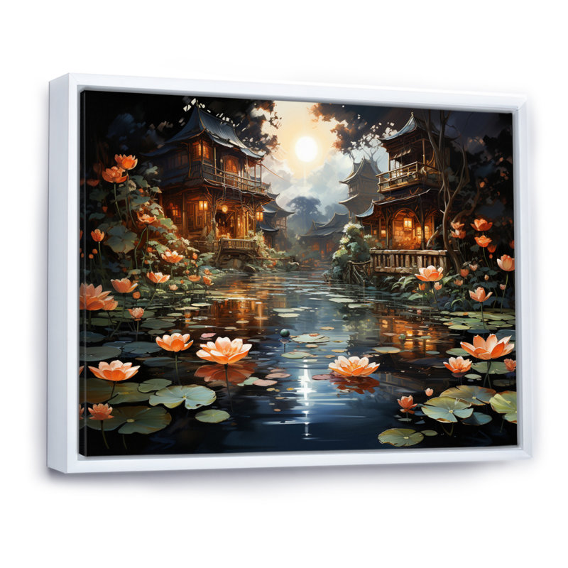 «Mariannah China Art Lotus Lantern II», reproduction, H 30 po x l 40 po x P 1,5 po, Cadre flottant blanc