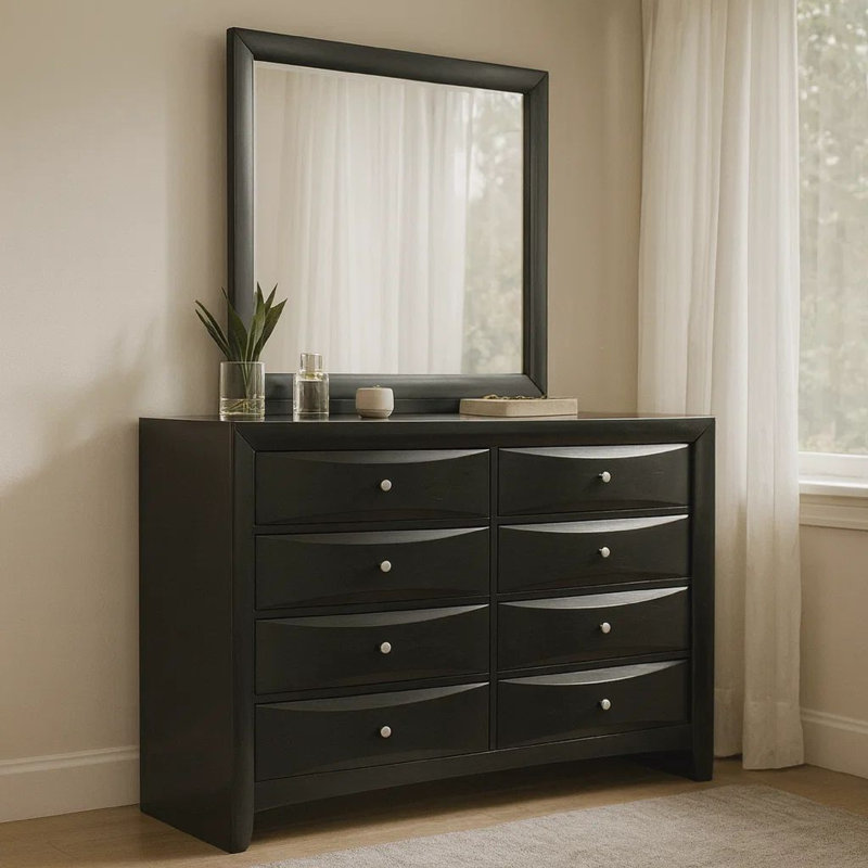 Ensemble de commode et miroir 2 pièces Ica, façades chambrées, bois noir