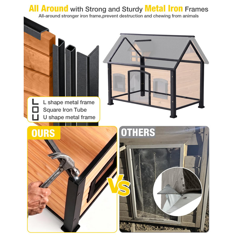 Large Dog House Anti-Chewing Metal Frame Design Insulated Wooden Dog Kennel with Unique Design Roof, Weatherproof Dog House for Outdoor Indoor