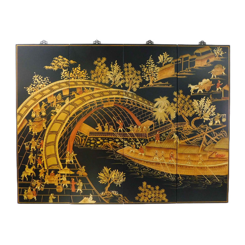 Panneaux muraux orientaux noirs de 48 po de large peints à la main River Town