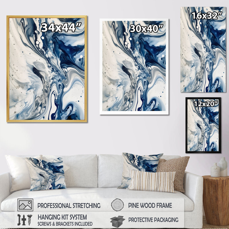 Élixir éthéré bleu et gris IV - décoration murale abstraite, H 32 po x l 24 po x P 1 po, Cadre flottant noir
