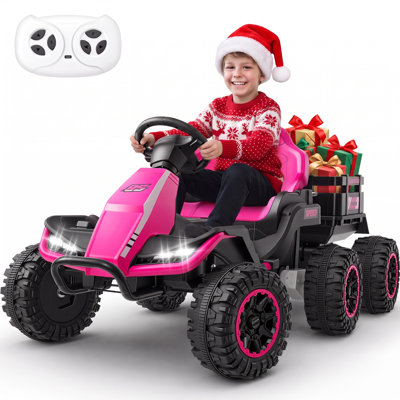 Alex 24V 6 roues sur tracteur avec remorque amovible, télécommande pour les parents, véhicules électriques pour enfants sur UTV, moteurs 2x100W, pneus EVA, télécommande, Bluetooth, musique, 2 vitesses, cadeau