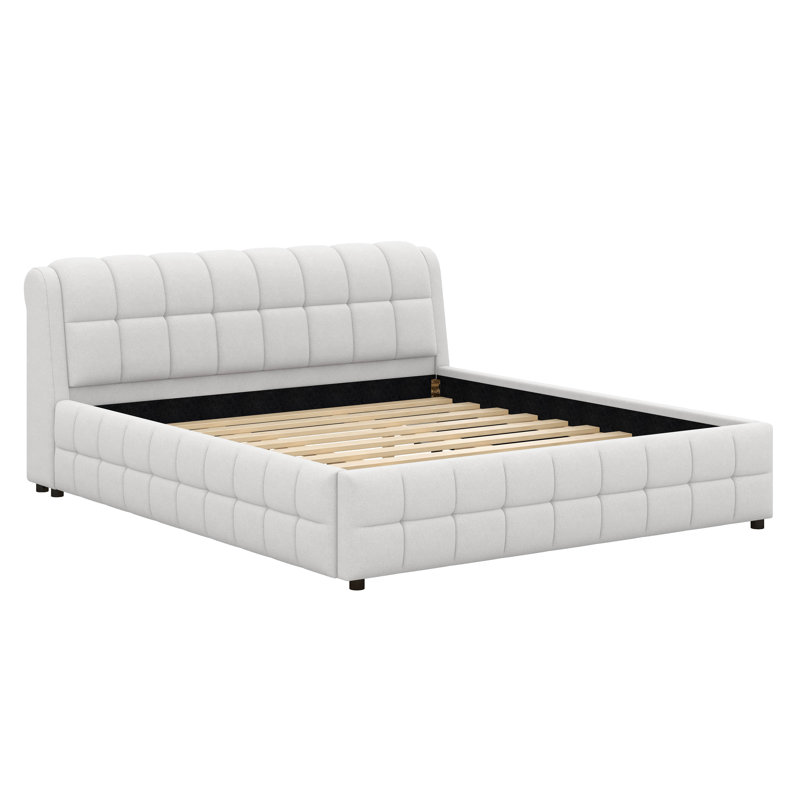 Très grand lit plateforme tapissier, support à lattes en bois, aucun sommier requis, assemblage facile, Blanc