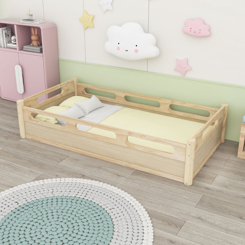 Floor Platform Bed with Guardrails, Natural, Twin