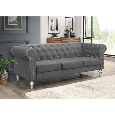 Canapé Chesterfield en velours à accoudoirs roulés 83,3 po Jabarion