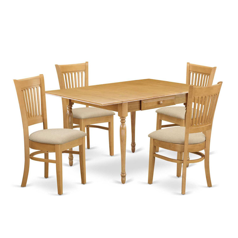 L'ensemble 5 pièces de table et chaises de cuisine comprend une table de salle à manger rectangulaire avec Dropleaf et 4 chaises en tissu de lin, chêne
