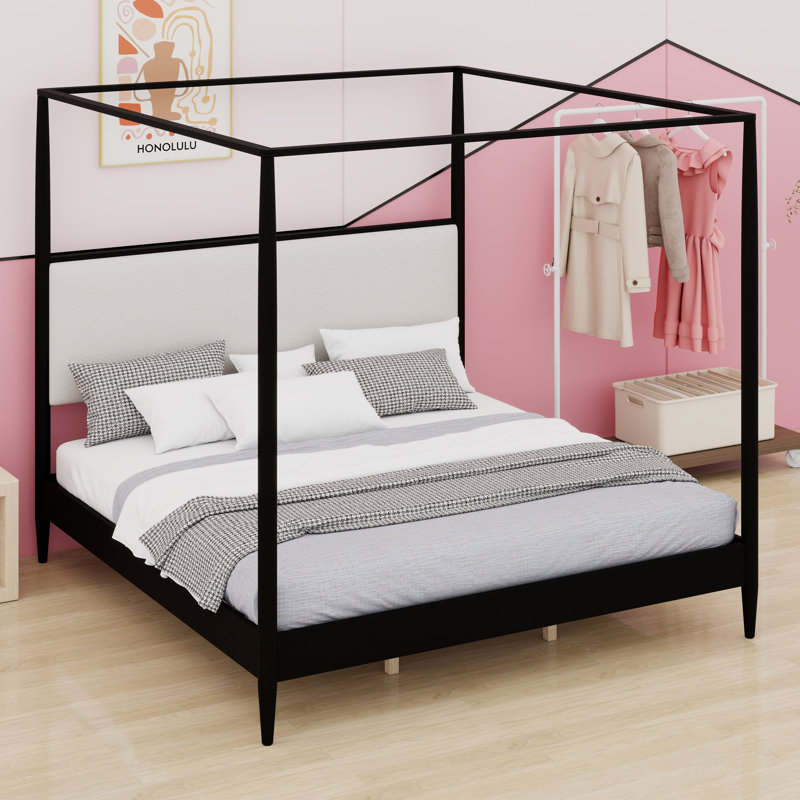 Cadre de lit à baldaquin avec tête de lit moelleuse et joints renforcés pour chambres de style milieu du siècle, Noir