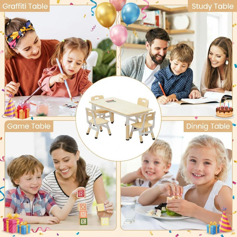 Kids 5 Piece Rectangular Play Or Activity Table and Chair Set, Yellow