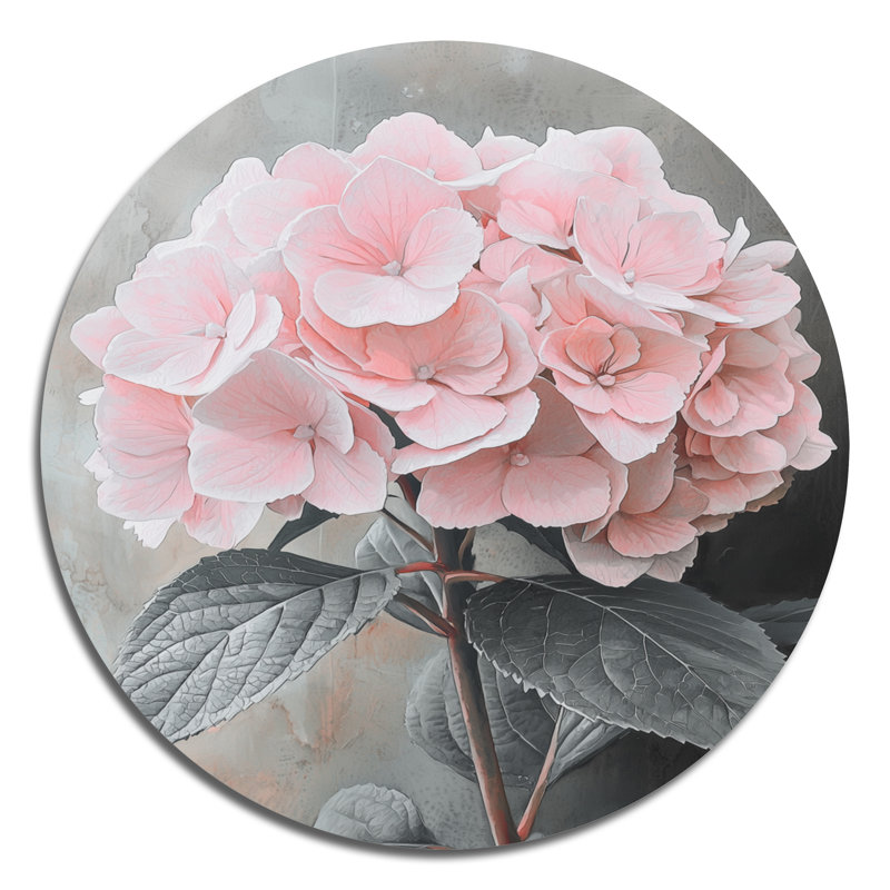 Doux hortensia rose en niveaux de gris II - reproduction d'art traditionnelle rose en métal, H 23 po x l 23 po