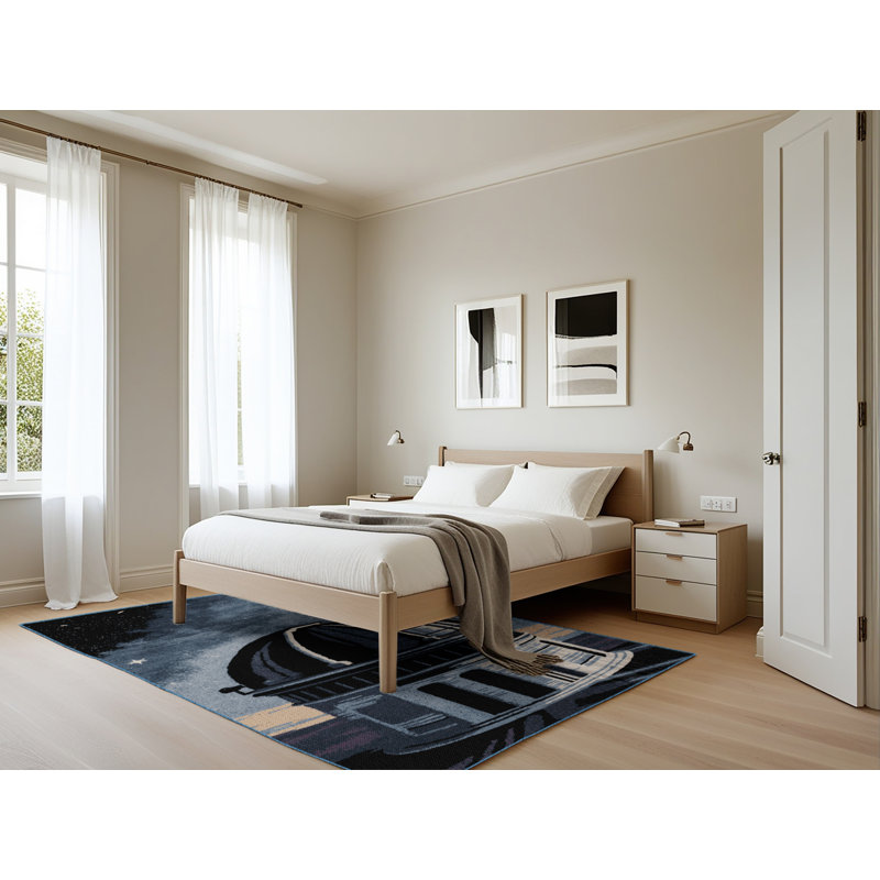 Machine Washable Space Blue Area Rug, Rectangle 5' x 7'