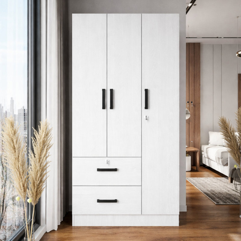 Garde-robe 3 portes, 2 tiroirs, 1 serrure Ke Wilson - 36 W, Blanc