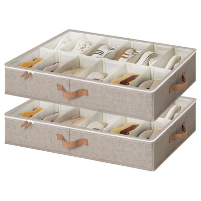 Under Bed Shoe Storage Containers with Bottom Support and Adjustable Dividers, Shoe Organizer for Closet, Fits up to 24 Pairs, 2-Pack, (Taupe)