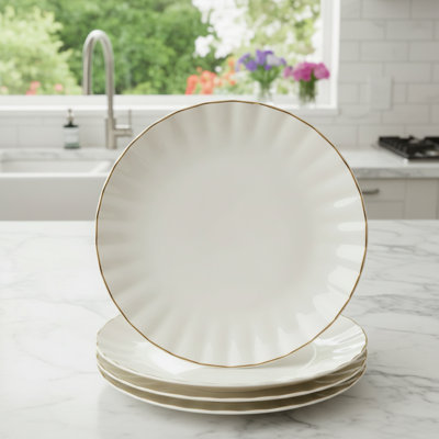 Christmas Gift Porcelain Dinner Plates, 8-Inch White 6-Piece Set, Gold Rim Small Appetizer Dessert Plates
