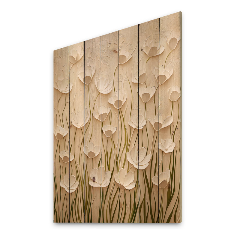 Décoration murale Minimale crème Buttercup Field I - Bouton d'or sur bois de pin naturel, H 40 po x l 30 po x P 0,78 po