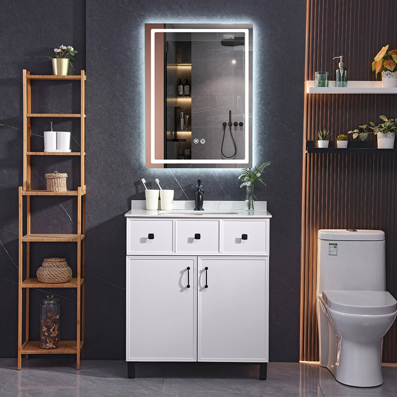 Meuble-lavabo autoportant 30 po avec lavabo en céramique et miroir anti-buée à DEL 24 po x 32 po - Blanc