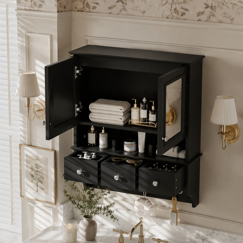 Armoire à pharmacie murale de 61 cm (24 pouces), armoire à miroir 4 en 1 avec miroir haute définition, tiroirs et crochets de rangement, rangement ouvert et dissimulé pour meuble-lavabo de salle de bain