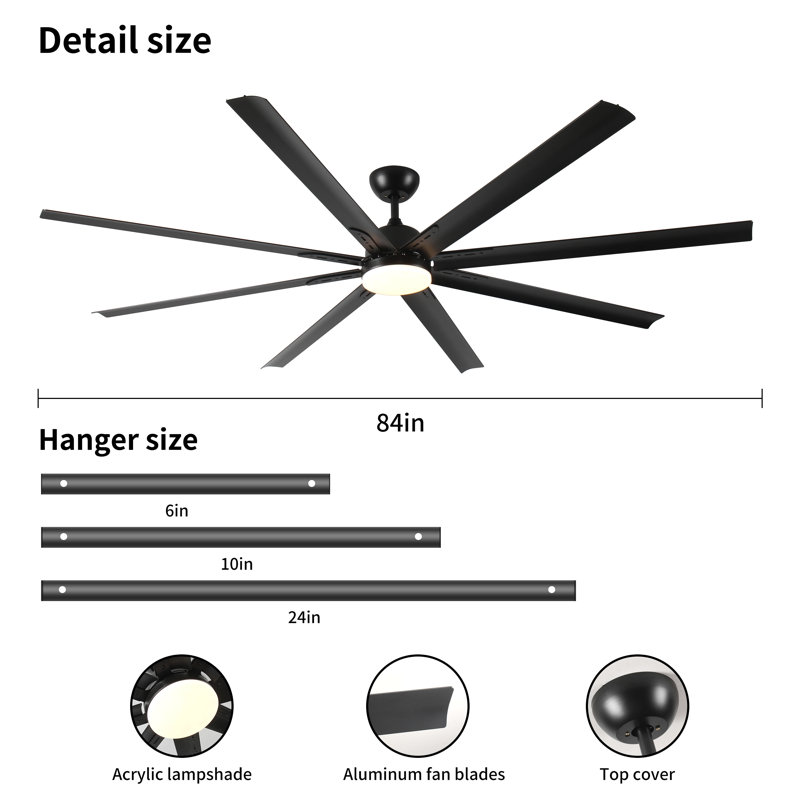84 In Super Large Black Ceiling Fan With Remote Control Black