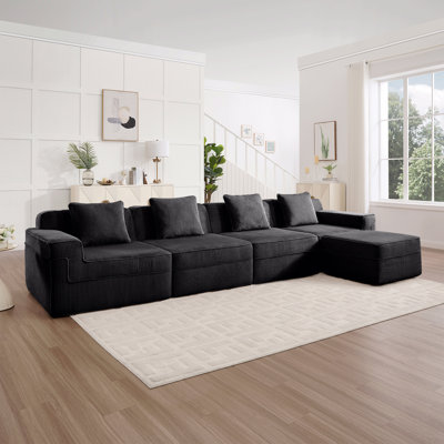 Modular 4 Seat Sectional Boneless Sofa, Cloud Sectional Couch With Deep Seat, Modern Modular 4-Seat Sofa Couch With Throw Pillows And Movable Ottoman, Corduroy Fabric