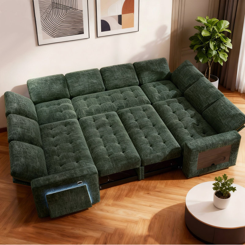 102Inch U-Shaped 8-Seater Sleeper Sofa, Chenille Fabric, Adjustable Backrest 100°-160°, Pull-Out Beds & Storage, Usb Charging, Led Night Light, Foldable Side Table, Tool-Free Assembly