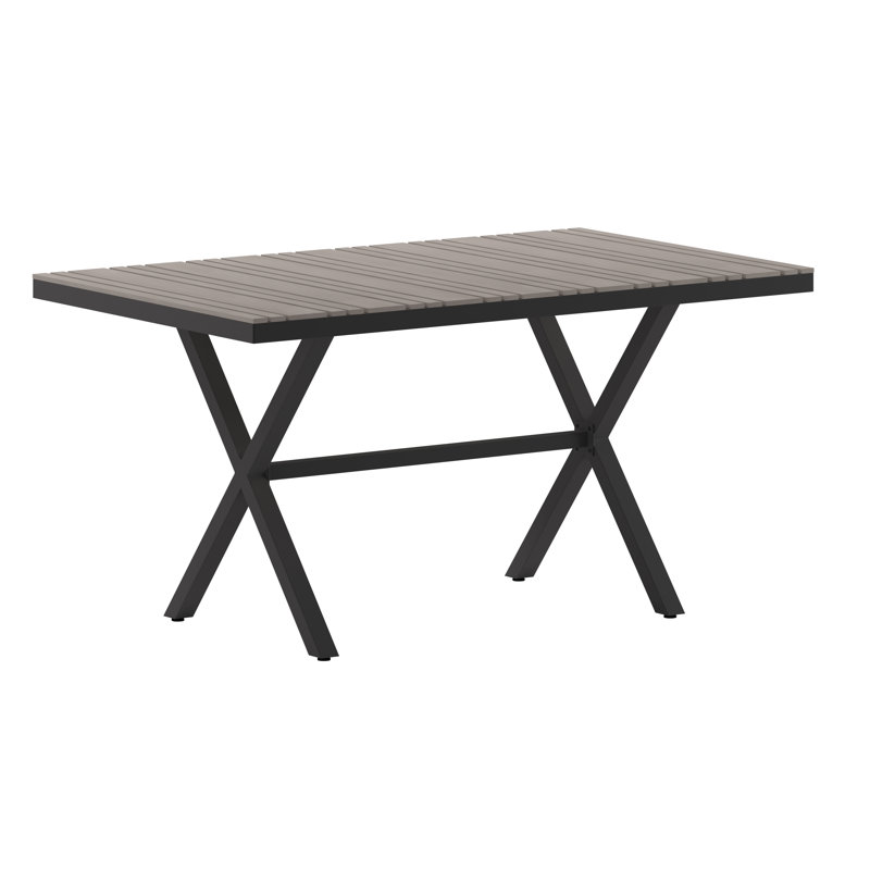 Commercial Grade X-Frame Outdoor Dining Table with Faux Teak Poly Slats and Metal Frame, Gray