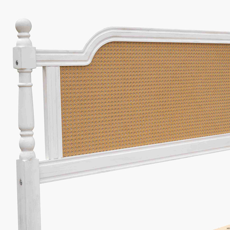 Cadre de lit très grand en rotin de style traditionnel, aucun sommier nécessaire, blanc antique, Blanc, Très grand lit