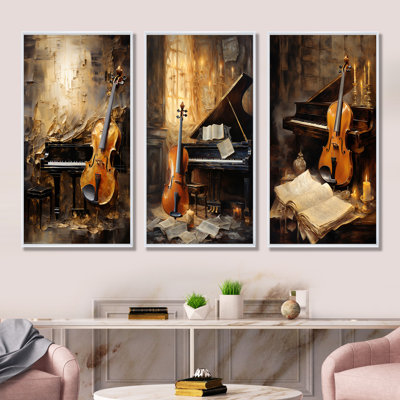 Vintage Violin And Piano Harmony - Music Canvas Art Print Set Of 3