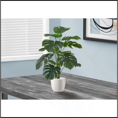 Artificial Plant, 24" Tall, Monstera, Indoor, Faux, Fake, Table, Greenery, Potted, Real Touch, Decorative, Green Leaves, White Pot