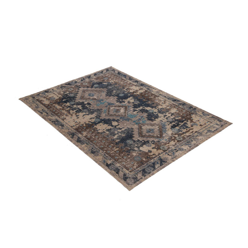 Distressed Homage Hand Knotted Wool Geometric Area Rug in Navy, Gray, Smoke Blue, Beige, Rectangle 5' x 7'