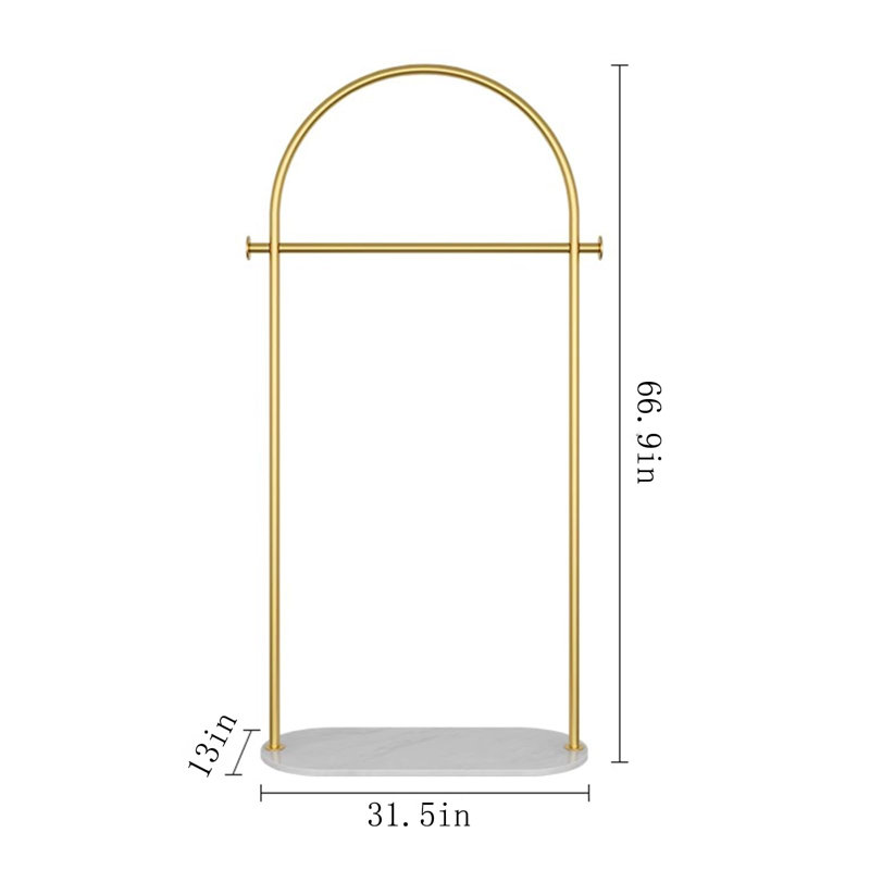 Portemanteau moderne en or avec base en marbre et tringle, support à vêtements autoportant pour entrée de chambre à coucher