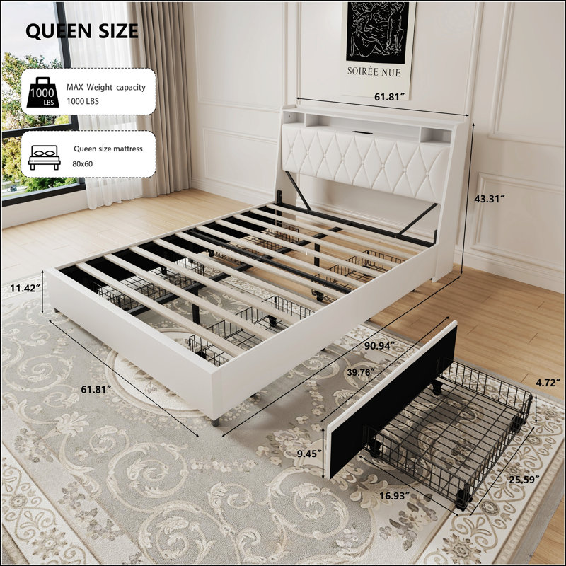 Structure de grand lit avec tête de lit ergonomique, plateforme, prises intégrées, chargeur et tablette de rangement, sans bruit, aucun sommier nécessaire