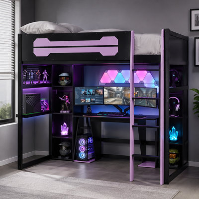 Lit mezzanine en bois pleine grandeur avec bureau et rangement, lumière DEL RVB, station de charge USB, armoire et armoires intégrées, cadre de lit mezzanine peu encombrant pour chambre - mauve