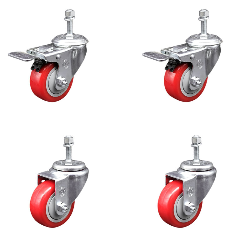 3,5 pouces en polyuréthane rouge poly 3/8 pouces filetées roulettes à tige filetée 2 CC
