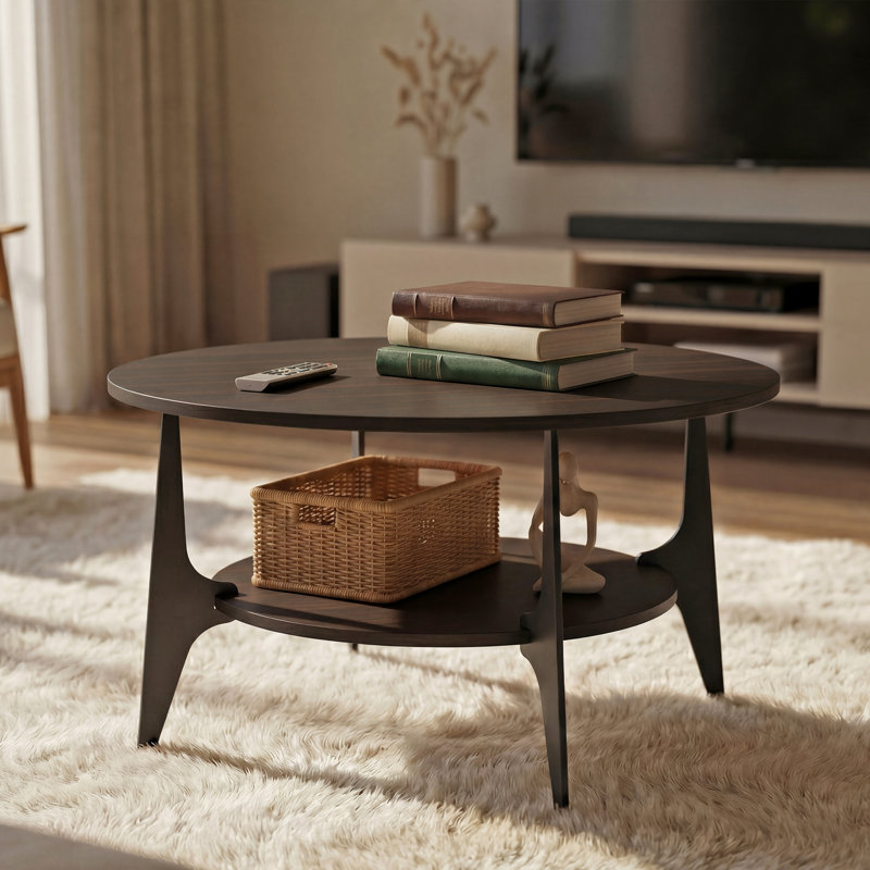 Table basse ronde de 30,71 po avec tablettes de rangement à 2 niveaux et pieds en fer massif pour le salon, la chambre à coucher et le bureau