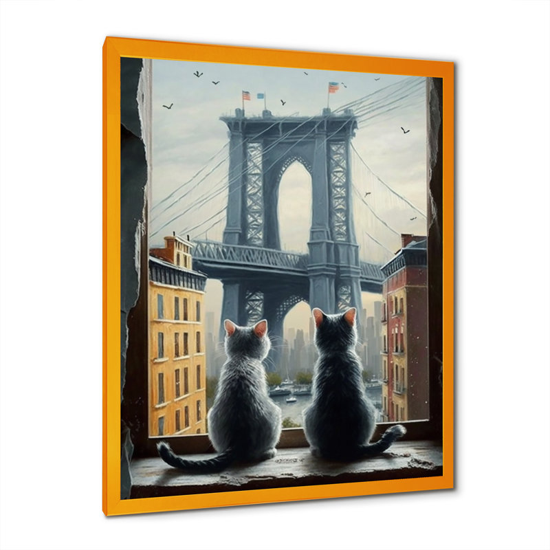 Deux chats dans la ville II - reproduction sur toile, H 20 po x l 12 po x P 1 po, Impression dorée sur toile encadrée