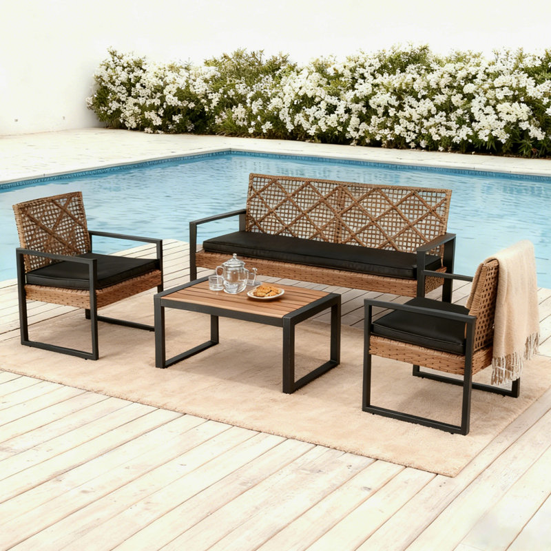 Ensemble de conversation de patio en osier 4 pièces avec table basse, Rotin brun clair, Coussin noir