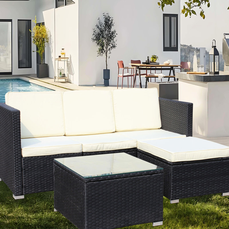 Ensemble de 5 meubles de patio: PE, coussins beiges, table basse: