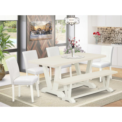 6 Piece Dining Room Table Set Contains a Rectangle Dining Table with V-Legs and 4 White Faux Leather Upholstered Chairs with a Bench, Multi-Color