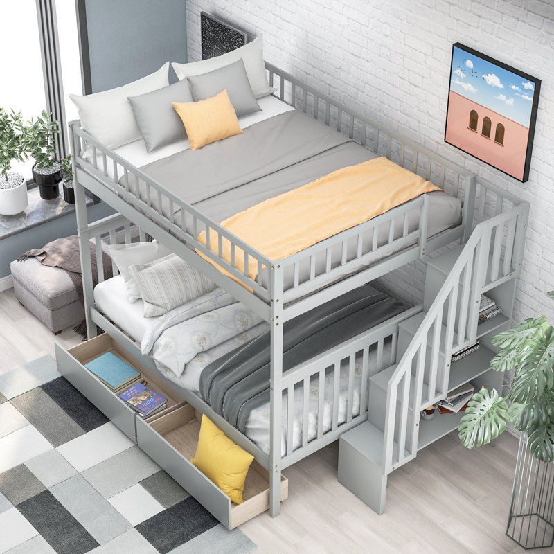 Lit superposé avec deux tiroirs et rangement, blanc, double sur double, H 65,60 po x l 57,50 po x L 93,50 po, Gris