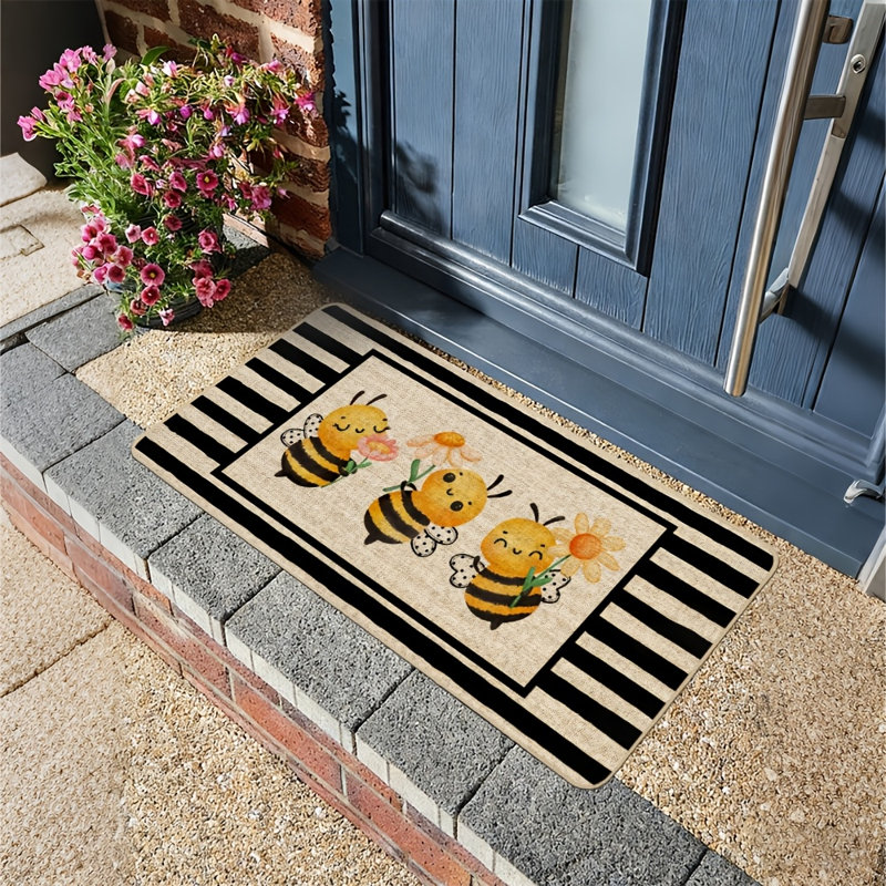 Tapis d'été 43 x 74 cm, motif abeille et fleurs, rayures noires, antidérapant, dos en caoutchouc, décoration saisonnière pour l'intérieur et l'extérieur.