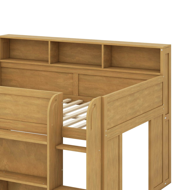 Lit mezzanine double avec bureau à roulettes intégré, 8 tablettes de rangement et lumières DEL, Noyer