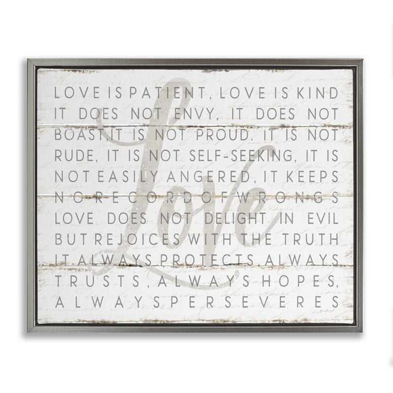 «Love is patient» sur un look de planches blanches, H 21 po x l 17 po, Cadre flottant noir de jais