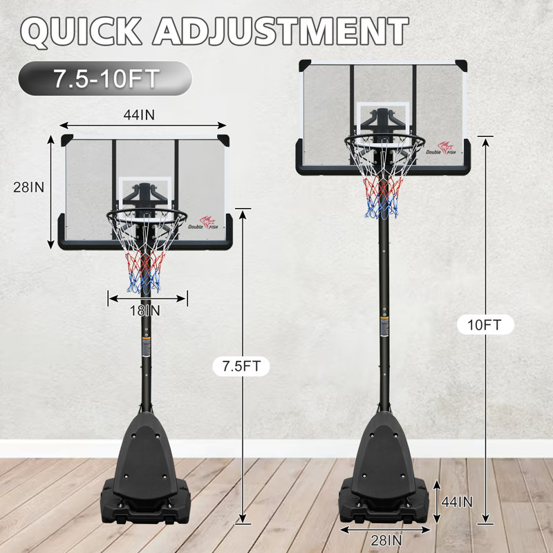 Panier de basketball d'extérieur réglable en hauteur de 7,5 à 10 pieds avec panneau de 44 pouces - Système de but portatif avec base stable et roues