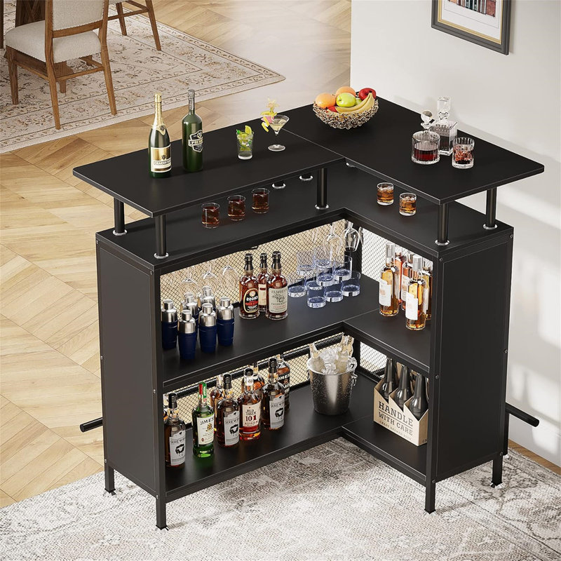Unité de bar en forme de L de 36 po x 48 po avec repose-pieds - Armoire de coin moderne avec tablettes à 2 niveaux et supports en verre (sans les tabourets)
