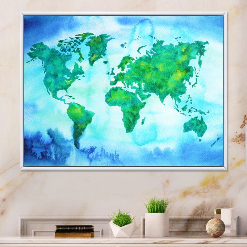 «World Map Blue Green Tone», reproduction sur toile, H 16 po x l 32 po x P 1 po, Cadre flottant blanc