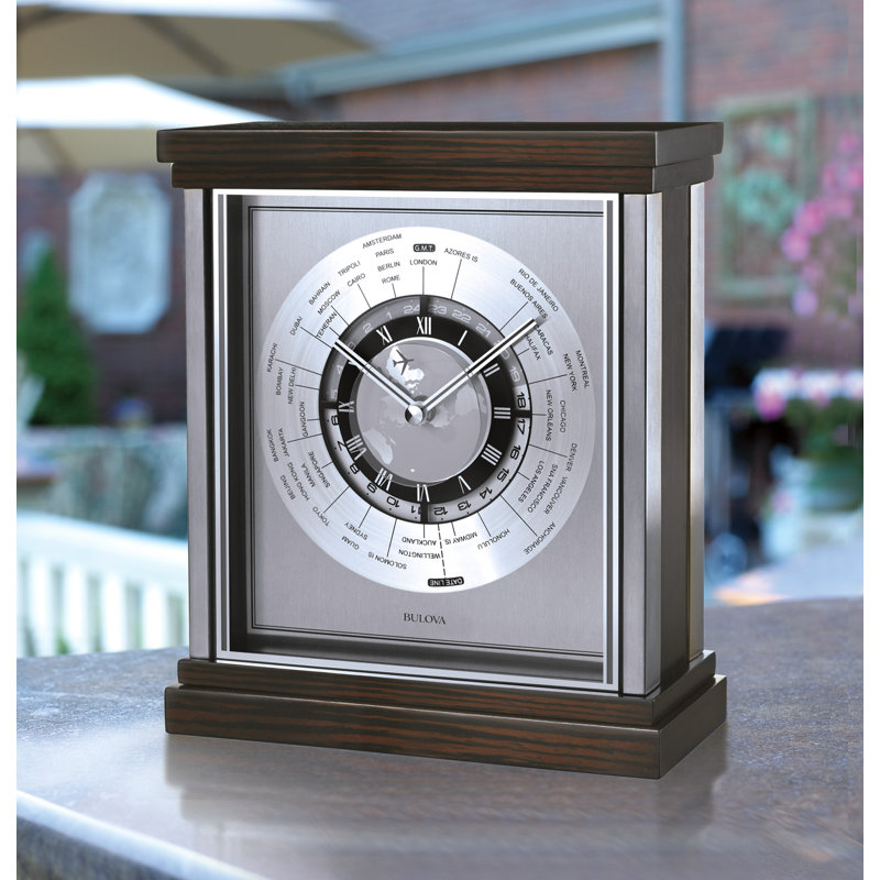 Mahogany Stained Wood Veneer World Time Tabletop Clock