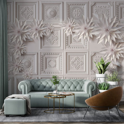 3D Ceiling Tile Wall Mural | White Paper Flowers on Ornate Panels Wallpaper | Non-Woven or Peel and Stick