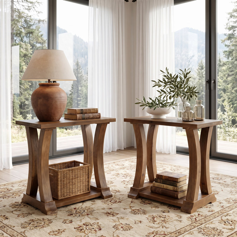 Solid Wood End Table, 2-Tier Sofa Side Table, Set of 2